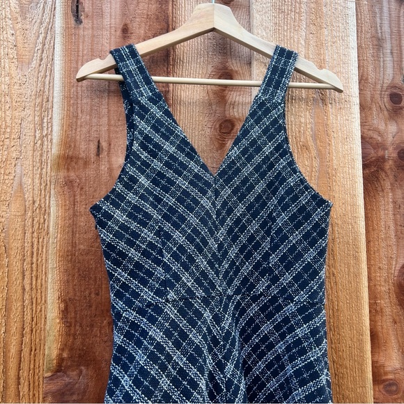 Navy Blue Plaid Tweed Midi Dress With Pockets 🌿 - Picture 3 of 12